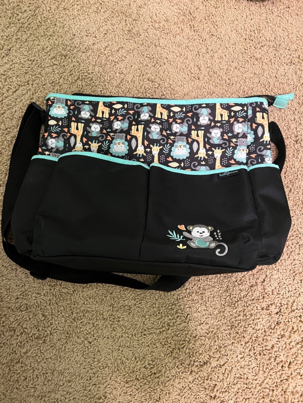 Black Baby Diaper Bag with Mint Trim and Safari Animal Print